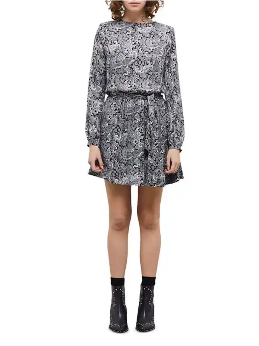 The Kooples NWT Paisley Print Long Sleeve Mini Dress Black White Size 1 S